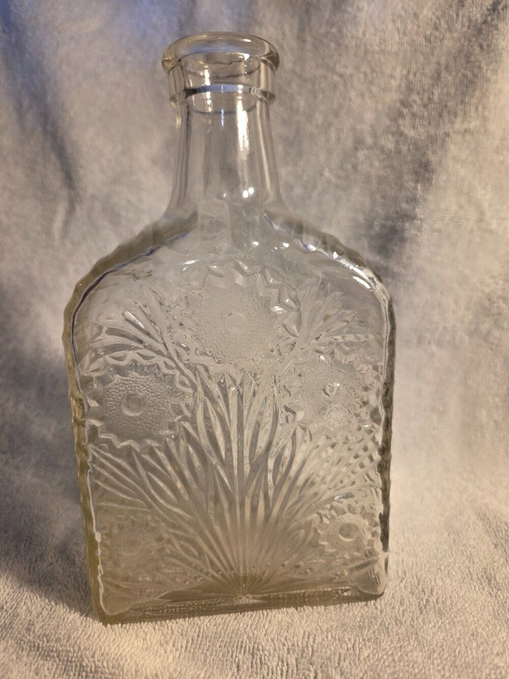 Antique Embossed Sunflower Liquor Whiskey Decanter Bottle Post War Mid Century